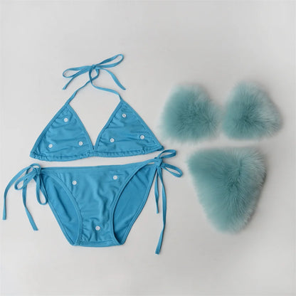 Summer Women Fake Fox Fur Sexy Halter Solid Color Bikini Set Swimsuits Triangle Sexy Bikini Set Faux Fur Swimsuit Plush Swimwear