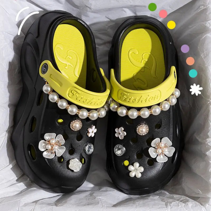 Summer Fashion Pearl Chain DIY Clogs Women 2025 Chunky Platform Slip On Sandals Women Thick Bottom EVA Slippers Shoes Woman Heel