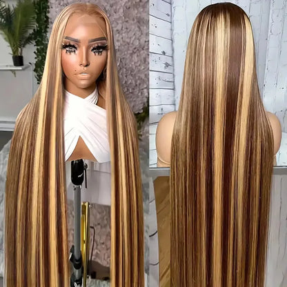 46 Inch Brazilian Hair P4/27 Straight 100% Human Hair Wig Honey Blonde 200% Density Remy Hair 13x6 HD Transparent Lace Front Wig
