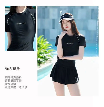 Sports Swimsuit, Swimsuit, Women's New Plus Size Two-piece Set, Short Sleeved, Student Hot Spring Conservative Swimsuit