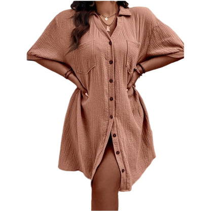 New Women'S Fashion Casual Solid Color Buttoned Mid-Length Short Sleeve Loose Dress Vestidos Para Mujer Ropa De Mujer 신상원피스