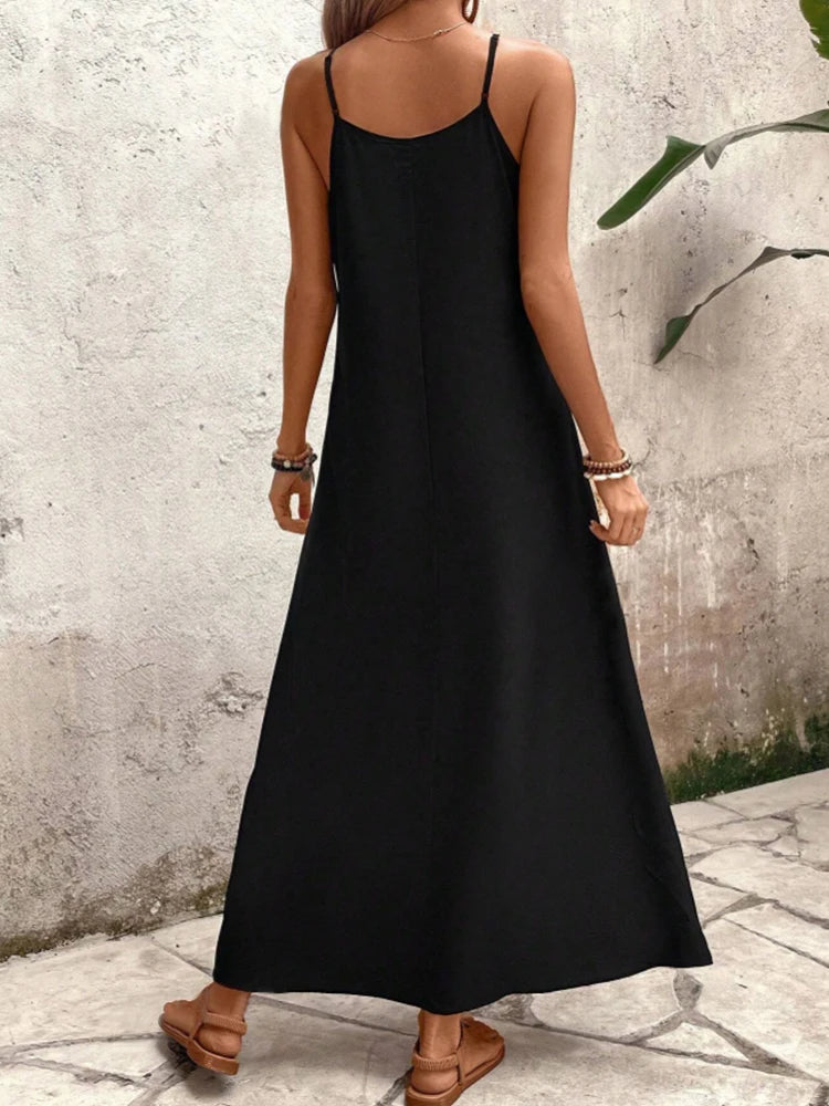 Women's elegant casual thin shoulder suspender A pendulum loose version long skirt summer fashion floral print dress