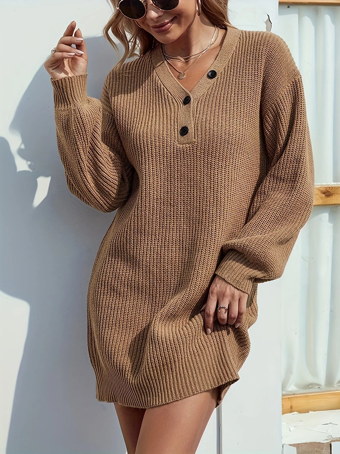 2025 Autumn Winter Loose Mini Sweater Dress Women V Neck Lantern Sleeve Knitted Dresses Streetwear Short Robes Jumpers