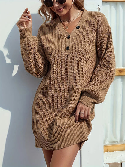 2025 Autumn Winter Loose Mini Sweater Dress Women V Neck Lantern Sleeve Knitted Dresses Streetwear Short Robes Jumpers