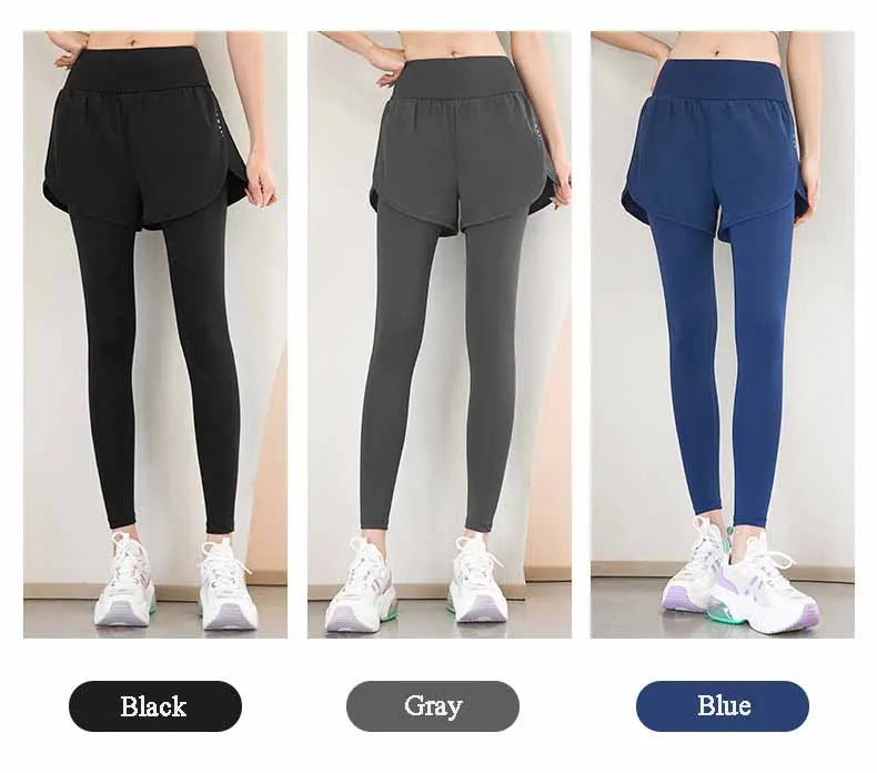 Women's Gym Leggings Elastic High Waist Fake Two Pieces Yoga Pants With Pockets Sportswear Running Tights Gym Yoga Wear