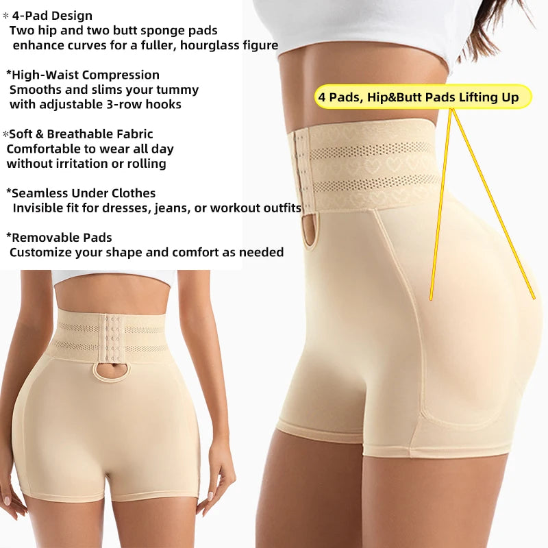 Women's Padded Butt Lifter Body Shaper with 4 Sponge Pads Tummy Control Shapewear Panties with Waist Cincher and Hook Closure