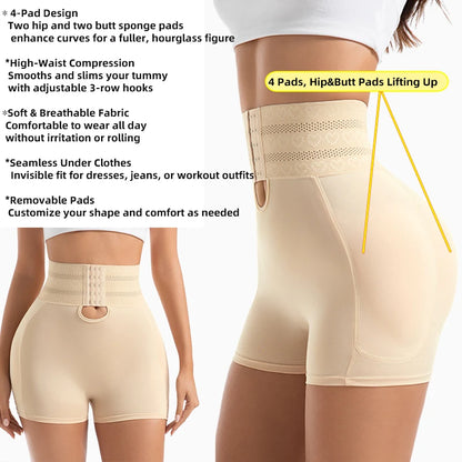 Women's Padded Butt Lifter Body Shaper with 4 Sponge Pads Tummy Control Shapewear Panties with Waist Cincher and Hook Closure