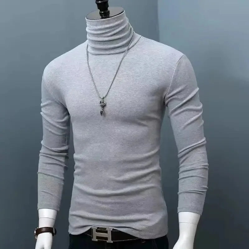 Slim Fit High Collar Long Sleeve Men's Base Shirt Inner Wear Simple Pure Color Large Size Warm Autumn Winter T-shirt Trendy Bran