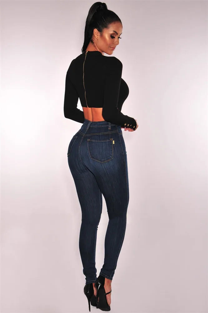 Women High Waist Elastic Slim Fit Skinny Jeans Lady Vintage Button Pencil Long Pants Narrow Straight Wrap Hips Casual Trousers