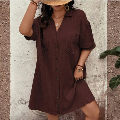 New Women'S Fashion Casual Solid Color Buttoned Mid-Length Short Sleeve Loose Dress Vestidos Para Mujer Ropa De Mujer 신상원피스