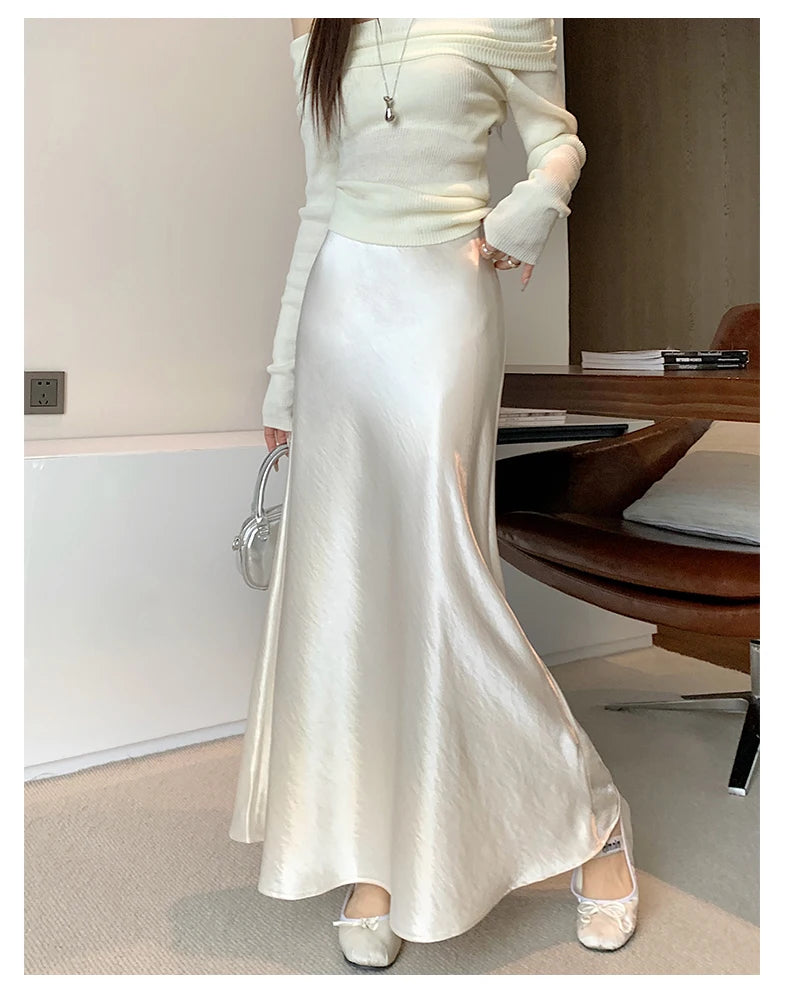 High Waist Elegant Satin Women's Mermaid Long Skirts 2026 New Autumn Solid Slim Korean A-line Wrap Fishtail Skirts Female