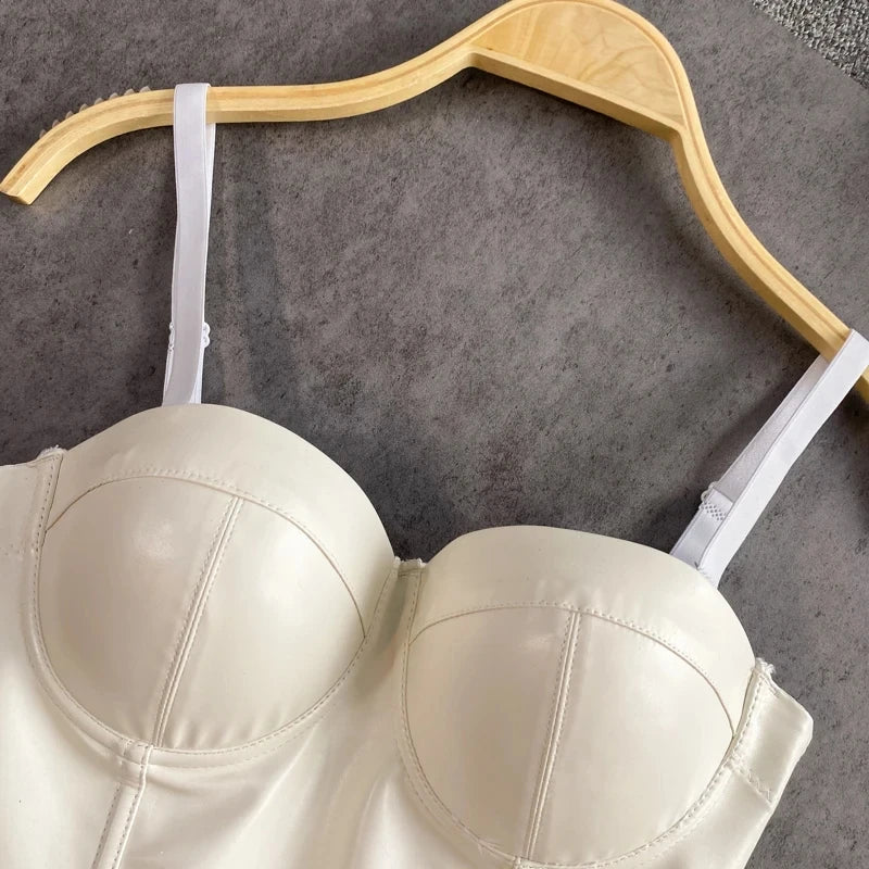 Stylish Wowen PU Leather Corset Imitation Leather Festival Clothing Bustier Lady Cropped Top Girls Punk Rock Club Party Camis