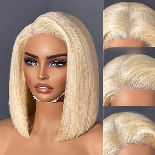 Soft Short Bob 180% Density Blonde 613 Straight Synthetic Lace Front Wig For Women With BabyHair Preplucked Glueless
