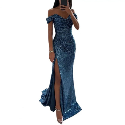 2025 Elegant Off-shoulder Gown Dress V-Neck Sequin Pleated Short Sleeve Waist Tight Maxi Dress Split Evening Party Prom Dress
