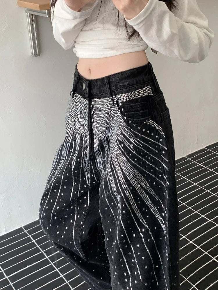 2025/2026 Ropa Y2K Style Baggy Hot Fix Rhinestone Baggy Stacked Jeans Pants For Women Clothing Wide Leg Luxury Gothic Lady Trousers