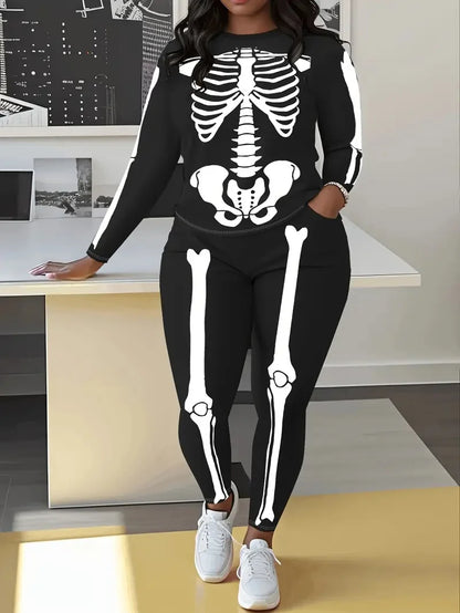 Plus Size Women's Clothing Casual Fashion Skull Print Round Neck Trousers Two Piece Set Halloween Plus Size Ladies Suit