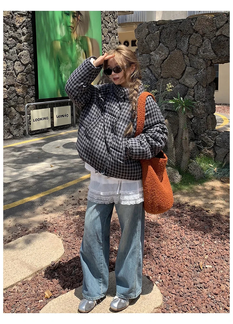 MEXZT Short Plaid Parkas Women Streetwear Stand Collar Puffer Jacket Winter Korean Down Coats Fashion Cotton Padded Outerwears