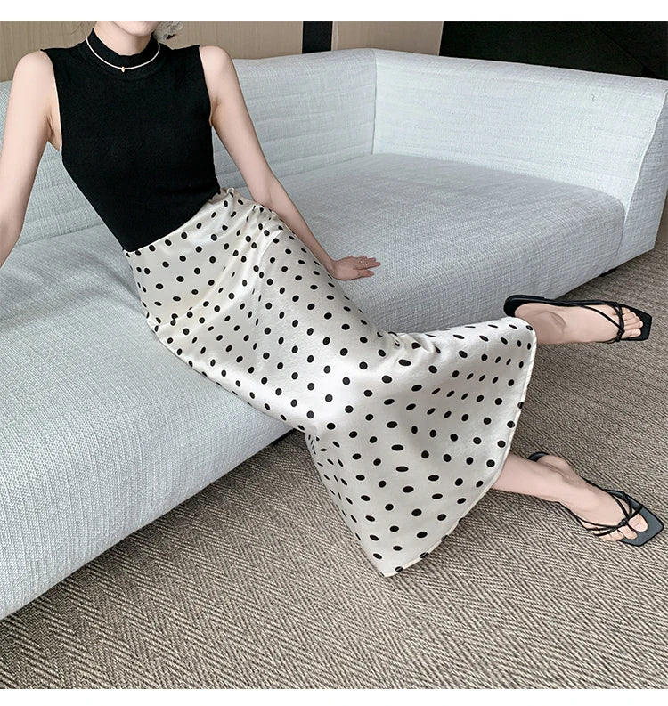 Seoulish High Waist Elegant Dots Printed Satin Women's Long Fishtail Skirts New Loose Office Mermaid A-line Skirts Female