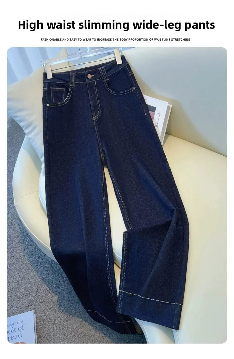 Female Trousers Women Button Zipper Closure Pockets Cozy Lady Pants Stylish Navy Blue Denim High Waisted Wide Leg Casual Jeans