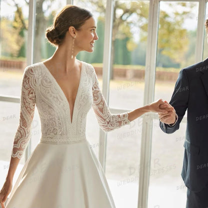 Elegant Wedding Dresses Women's Sexy V Neck Long Sleeve Backless Bridal Gowns Sweep Train Formal Vestidos De Novia Customized