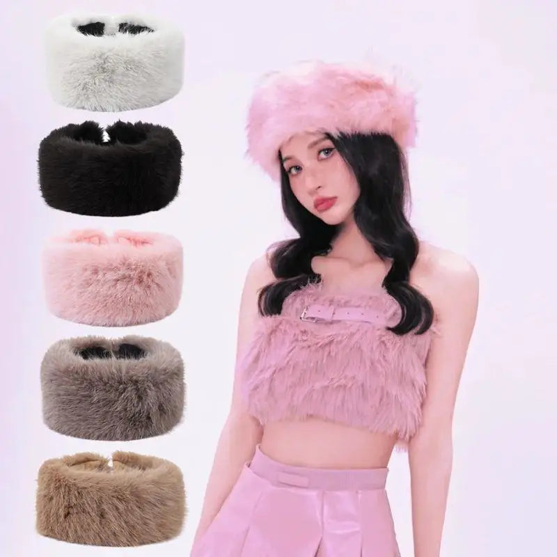 Winter Lmitation Fur Thickened Fluffy Headband Plush Solid Color Headwear Outdoor Windproof Ear Warmer Head Cover Ski Cap
