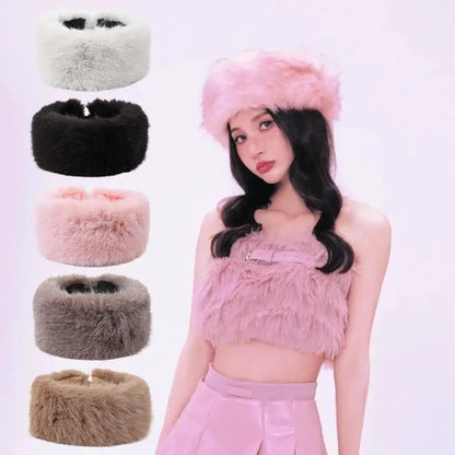 Winter Lmitation Fur Thickened Fluffy Headband Plush Solid Color Headwear Outdoor Windproof Ear Warmer Head Cover Ski Cap