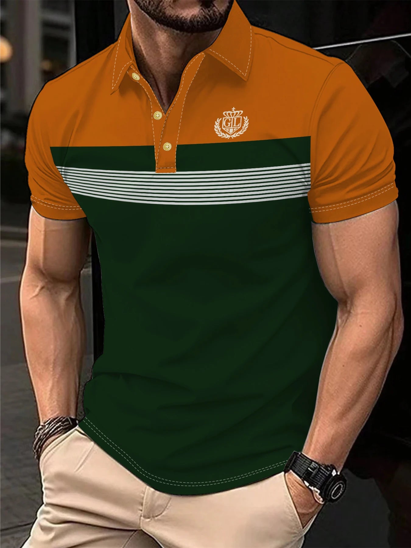 Men's Polo Shirt Summer Outdoor Casual Round Neck Short Sleeve Top Striped Printed Style OverSize T-shirt Loose Men's Clothing