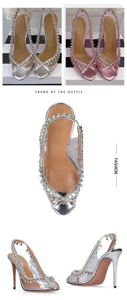 Silver Pink PVC Clear Heeled Sandals Women Pumps Sexy Rhinestones Thin High Heels Shoes Pointed Toes Party Nightclub Sandals