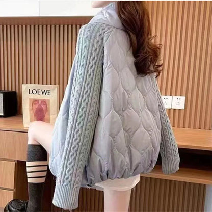 Stand Collar Sweater Sleeve Splicing Down Cotton Jacket Women Autumn Winter Warm Down Cotton Parkas 2025 New Female Fashion Coat