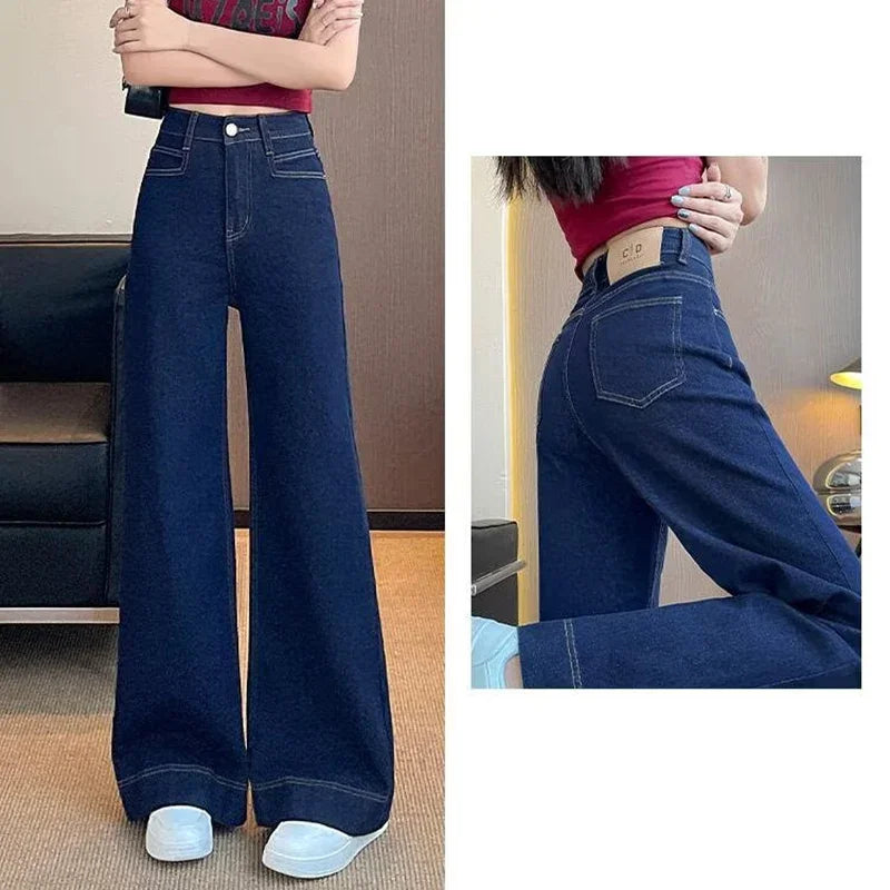 Girls Fashion Korean Straight Casual Jeans Female Baggy High Waist Wide Leg Denim Pants Women Classic Wash Dark-blue Trousers