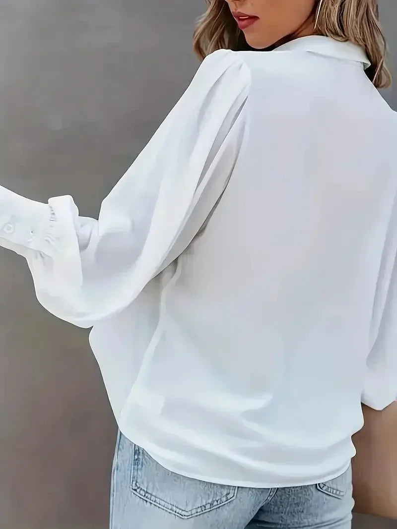 Women Fashion Plus Size 1XL-5XL Basic Blouse Ladoes Solid Button Up Lantern Sleeve Turn Down Collar Blouse Shirt