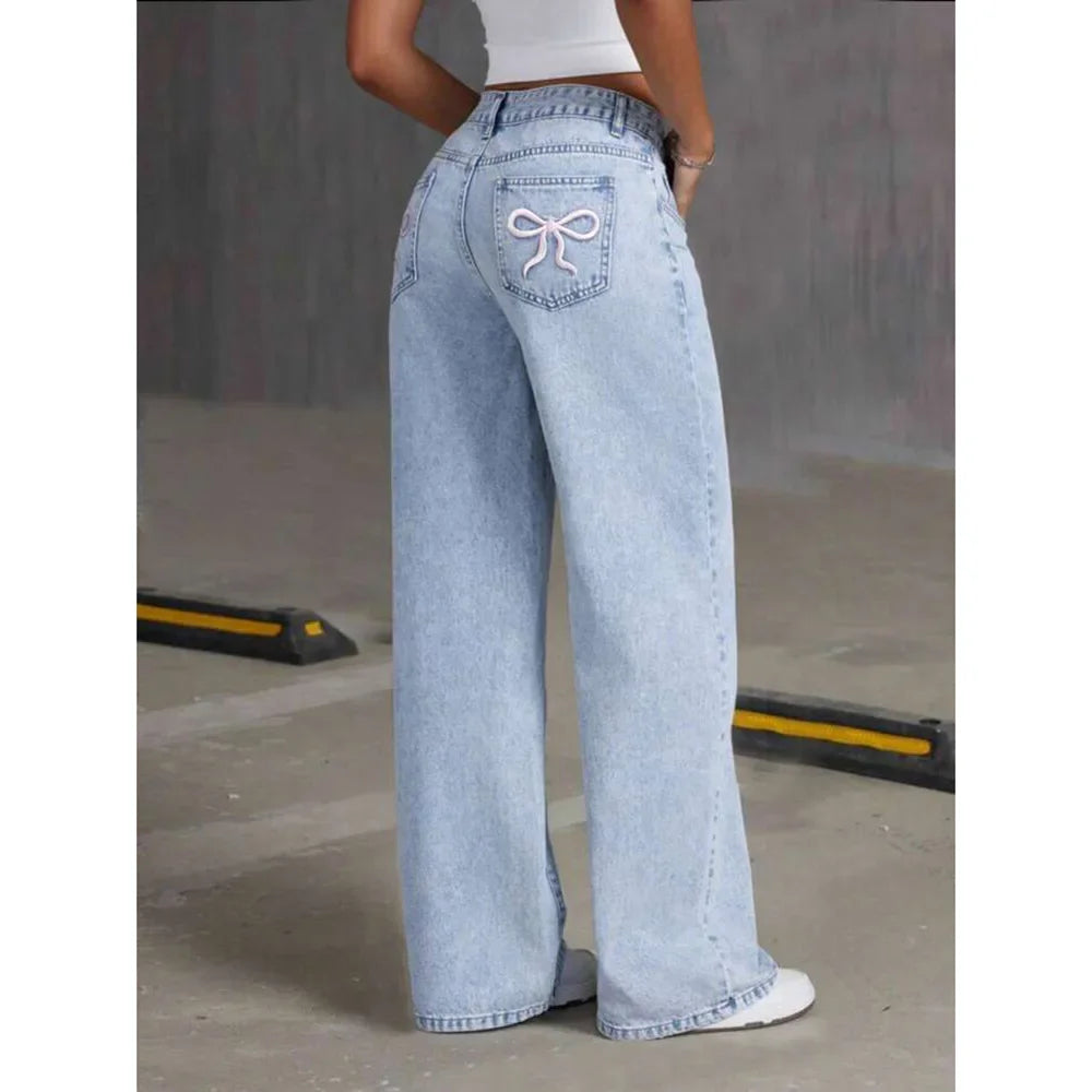 Denim Wide Leg Pants Women Jeans Embroidery High Waist Distressed Washed Mom Pockets Vintage Floor Length Trousers Streetwear