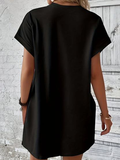 Women's Summer Loose Abstract Face Print Round Neck Short Sleeve Pocket Comfortable Casual Plus Size Dress