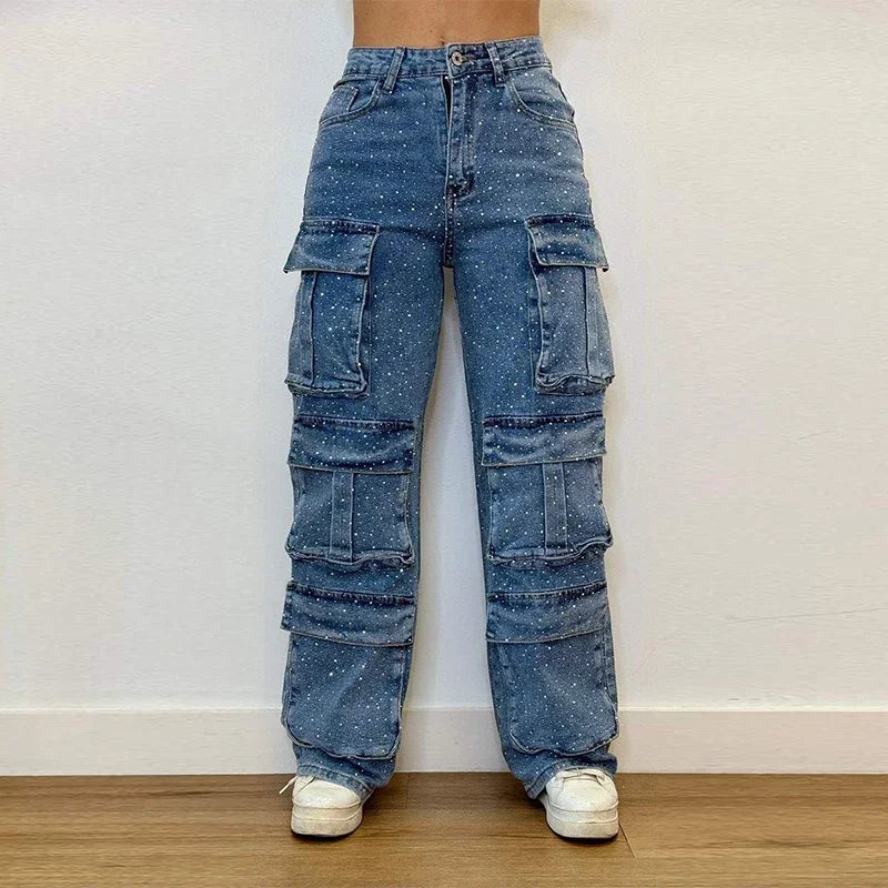 CPSYMYM Bright Drill Women's Work Jeans Chic Multiple Pockets High Waist Button Female Jean  Spring Summer Y2K Lady Streetwear