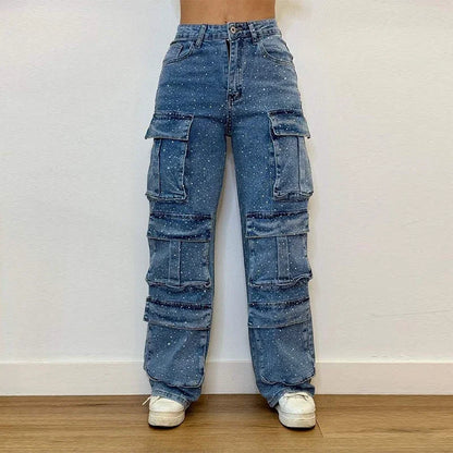 CPSYMYM Bright Drill Women's Work Jeans Chic Multiple Pockets High Waist Button Female Jean  Spring Summer Y2K Lady Streetwear
