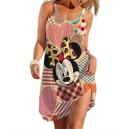 2025 Disney Minnie Dresses for Women Soft Women's Beach Dresses Summer Fashion Sling Print Sexy Skinny Seaside Casual Oversize