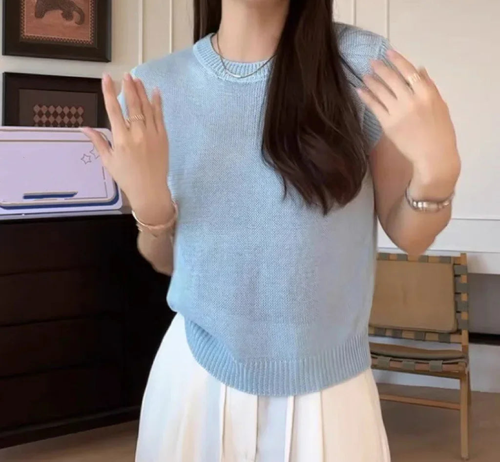 Korean Style Ice Silk Knitted Short Sleeve T-Shirt Women Summer Slim Fit Short Fashionable Top Crew Neck Solid Color