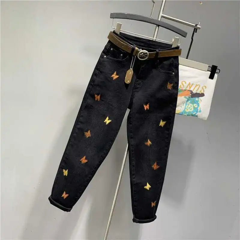 Korean Autumn 2025 New Butterfly Embroidered Denim Radish Loose High Waist Elastic Large Size Cargo Ladies Harlan Pants Women