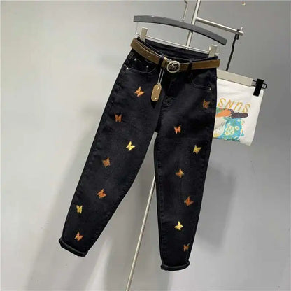Korean Autumn 2025 New Butterfly Embroidered Denim Radish Loose High Waist Elastic Large Size Cargo Ladies Harlan Pants Women