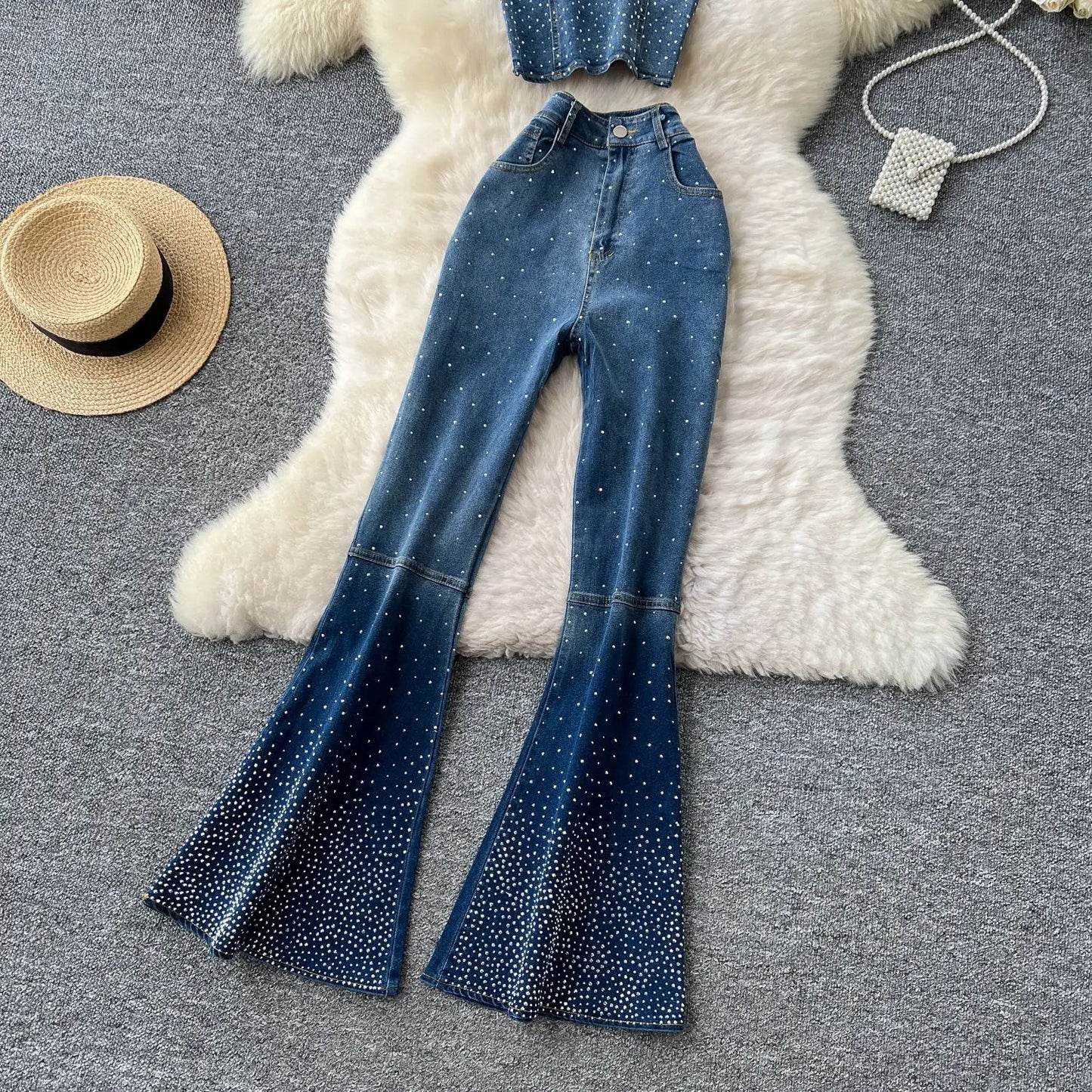Denim Pant Set Women Two Piece Sets Sexy Matching Sets Sleeveless Short Tops Long Flare Pants High Waist Slim Hot Diamond