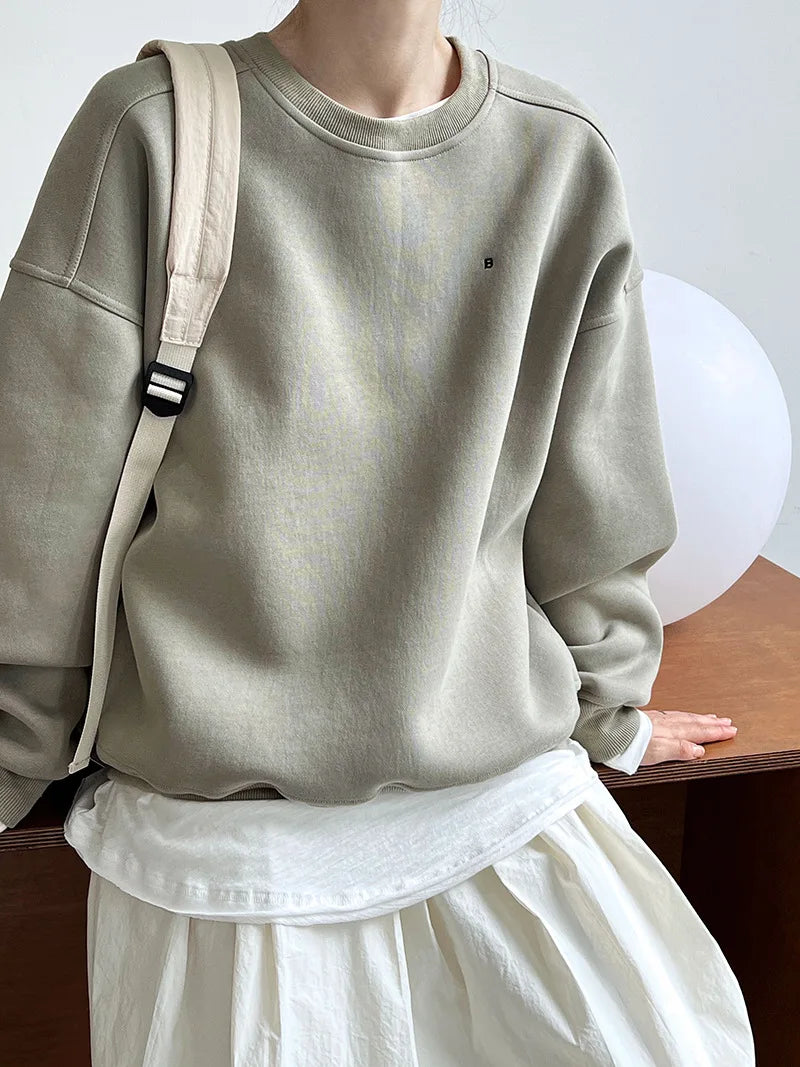 Autumn New Casual Loose Solid Hoodie Women's Embroidered Long Sleeve Top With Velvet