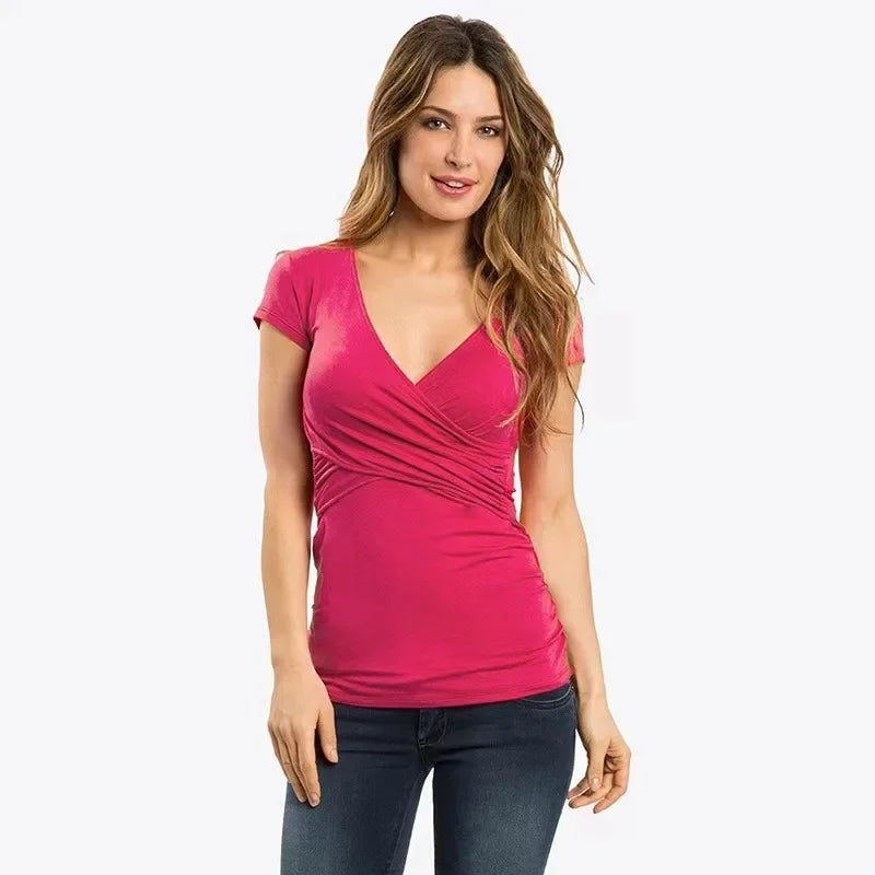 V-Neck Pregnant Women's Casual Short Sleeve Breastfeeding Top Maternity Women Postnatal Cotton Nursing T-shirt