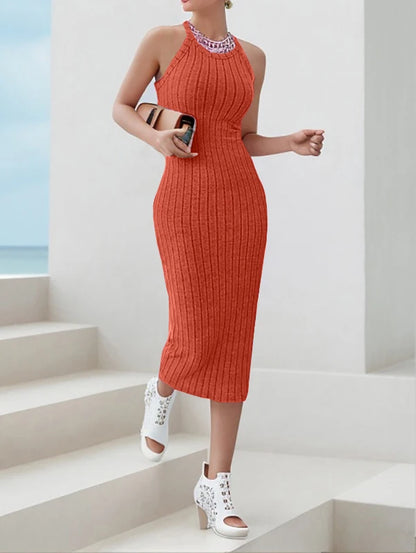 Solid Halter Neck Bodycon Midi Dress High-end temperament vest halter dress women's summer new high-waist slim temperament slim