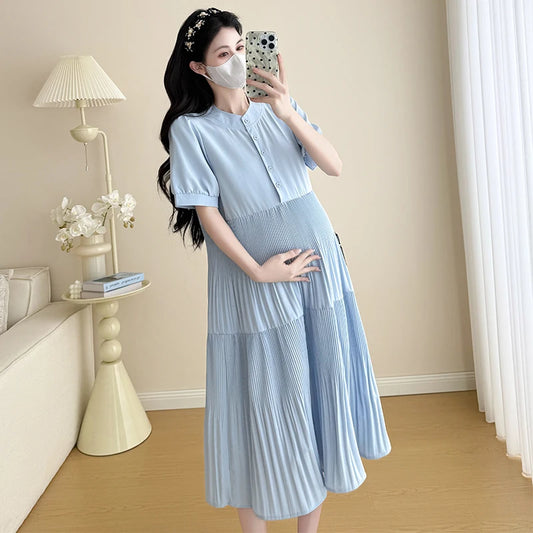 I79359# Pregnant Womens Clothing Cakedress Simple Loose Elegant Summer New Arrival Women Pregnant Mid-Long Maternity Dresses