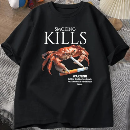 Smoking Kills Crab T-shirt Out of Control Suspected Grotesque Style T-shirt Strange Pattern T-sleeve Baseball Shirt