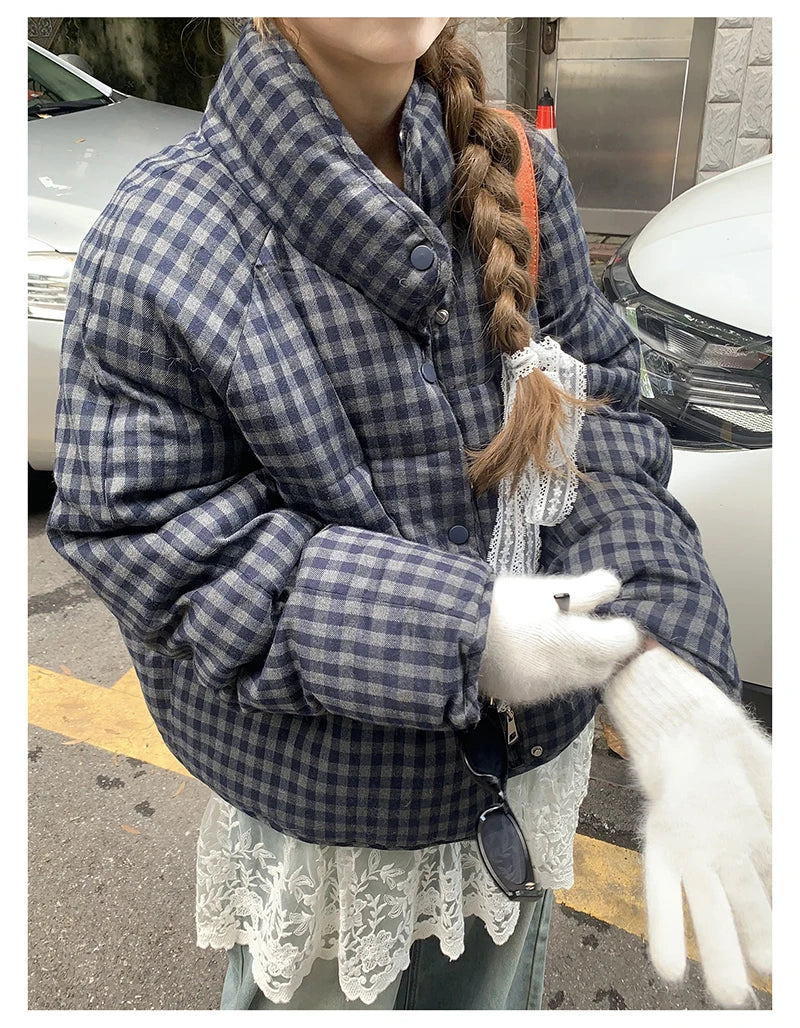 MEXZT Short Plaid Parkas Women Streetwear Stand Collar Puffer Jacket Winter Korean Down Coats Fashion Cotton Padded Outerwears