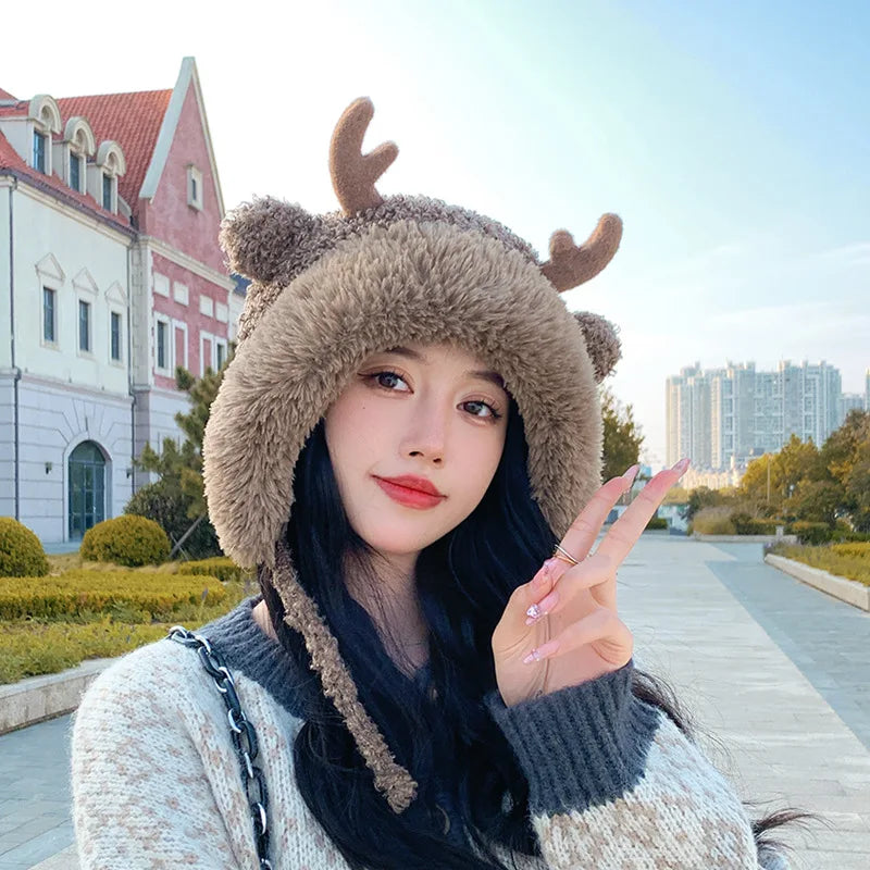 Knitted Hat Beanie Winter Warm Fleece Lined Reindeer Antlers Korean Style Cute Christmas Party Women Girls Thickened Thermal