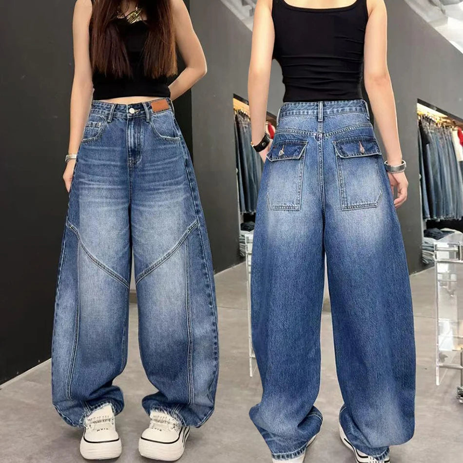 2025/2026 Grunge Y2K Streetwear Washed Blue Baggy Pleated Jeans Pants For Women Clothing Distressed Wide Leg Loose Old Lady Trousers