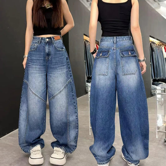 2025/2026 Grunge Y2K Streetwear Washed Blue Baggy Pleated Jeans Pants For Women Clothing Distressed Wide Leg Loose Old Lady Trousers