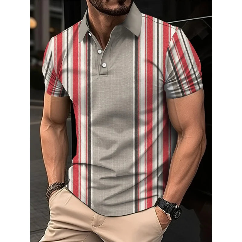 3D Print Colorful Color Block Polo Shirt For Men Stripes Pattern T-Shirts Summer Loose Street Lapel Top Button Short Sleeve Tees